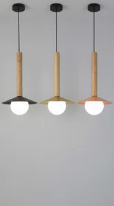 מנורת תלייה מוט עץ אלון 30 ס"מ משולבת כובע סיני קוטר 20 ס"מ וזכוכית קוטר 10 ס"מ G9